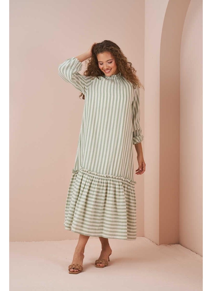 Green Muslin Dress with Ruffle Hem and Thin Stripes