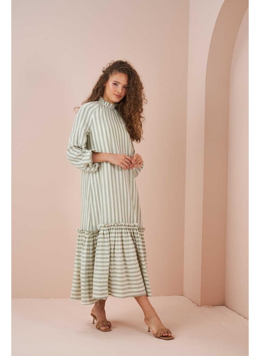 Green Muslin Dress with Ruffle Hem and Thin Stripes