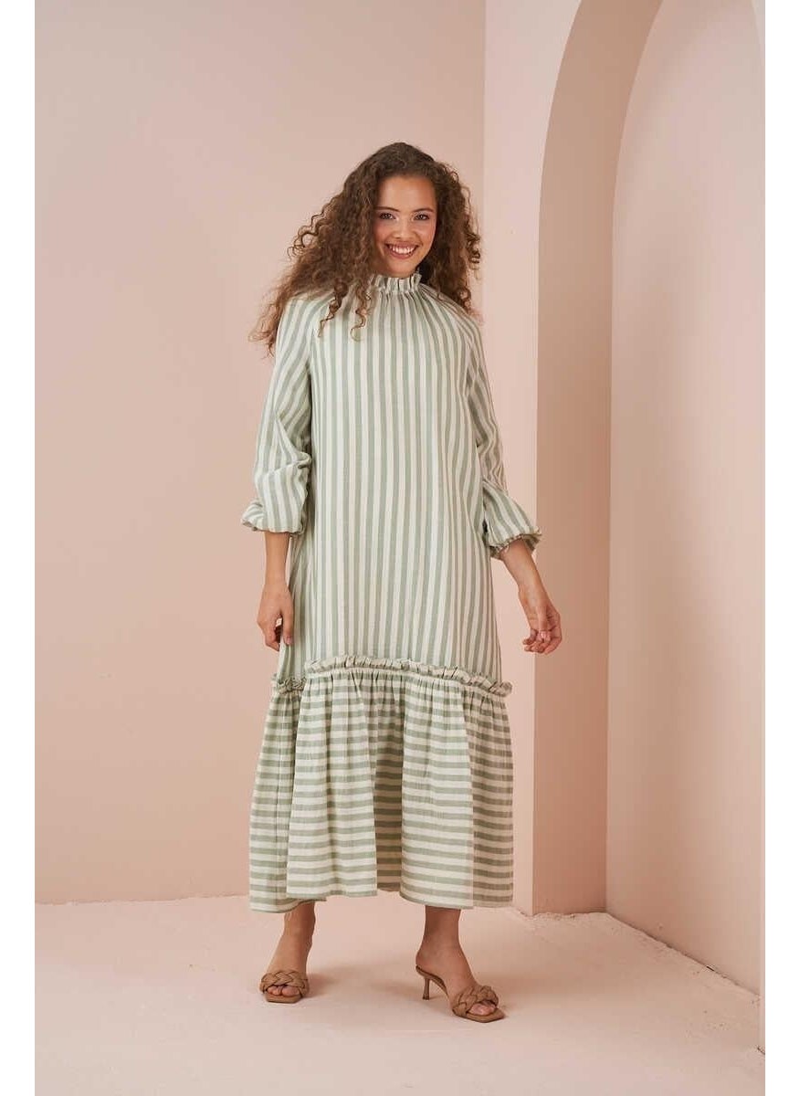 Green Muslin Dress with Ruffle Hem and Thin Stripes