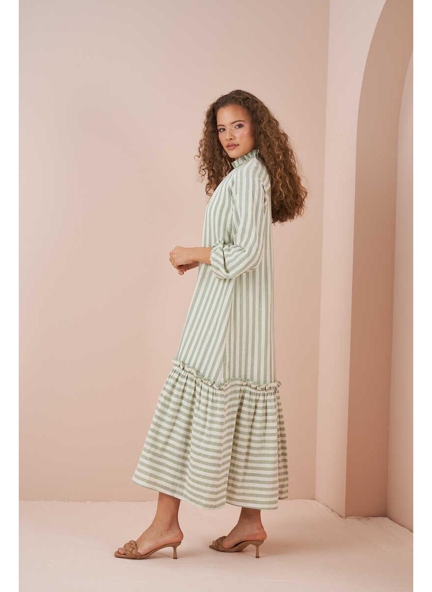 Green Muslin Dress with Ruffle Hem and Thin Stripes
