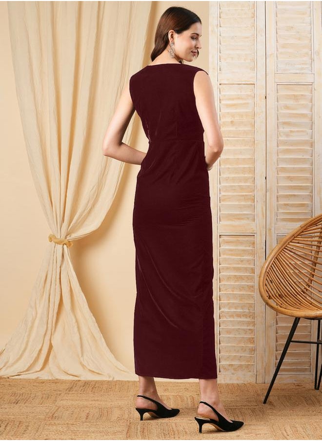 Mish Deep V Neck Sheath Maxi Dress with Front Slit