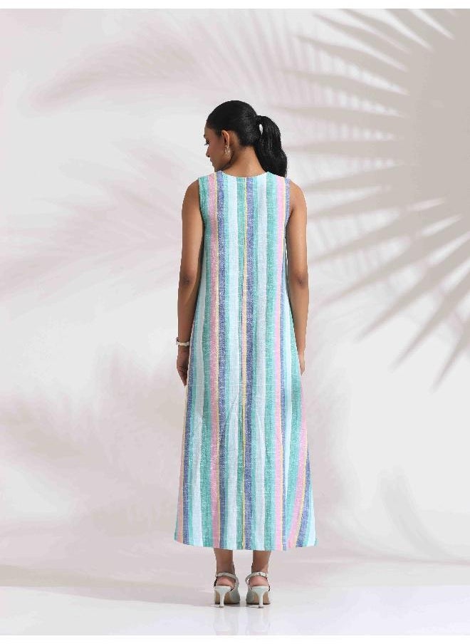 Green Cotton Multi Stripe Flared Dress