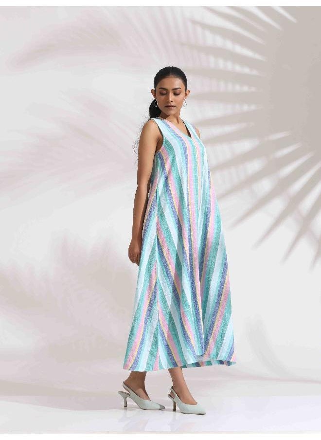 Green Cotton Multi Stripe Flared Dress