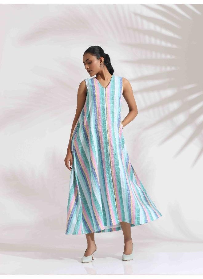 Green Cotton Multi Stripe Flared Dress
