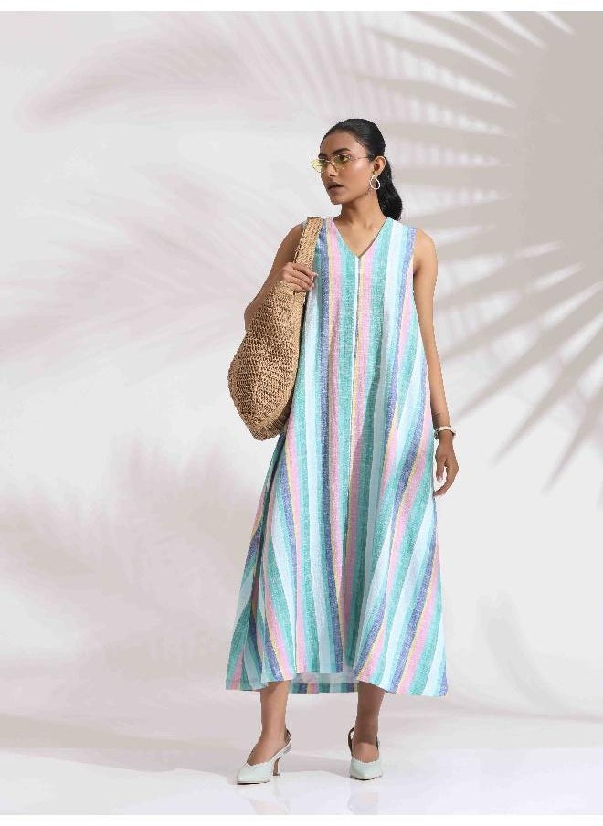 Green Cotton Multi Stripe Flared Dress