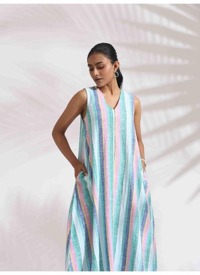 Green Cotton Multi Stripe Flared Dress