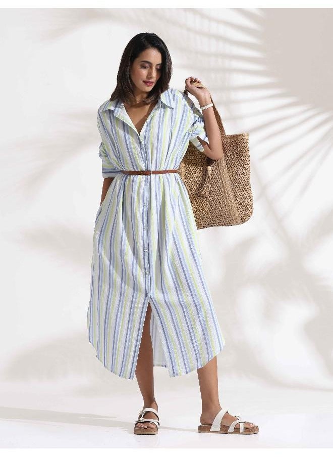 White Cotton Multi Stripe Shirt Dress