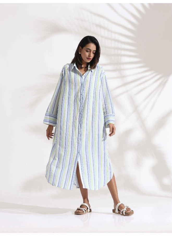 White Cotton Multi Stripe Shirt Dress