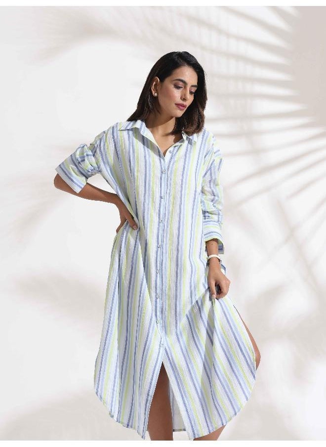 White Cotton Multi Stripe Shirt Dress