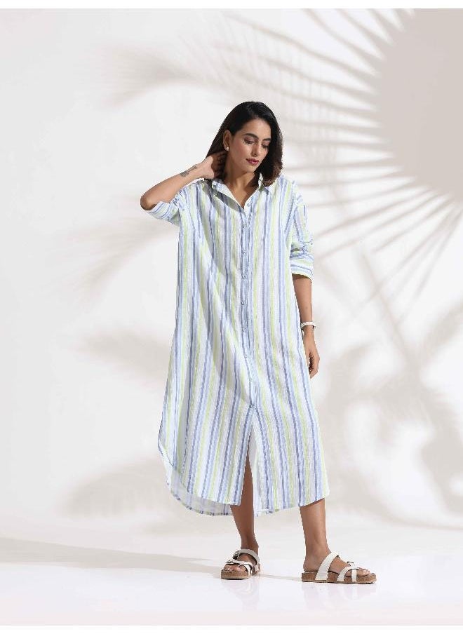 White Cotton Multi Stripe Shirt Dress