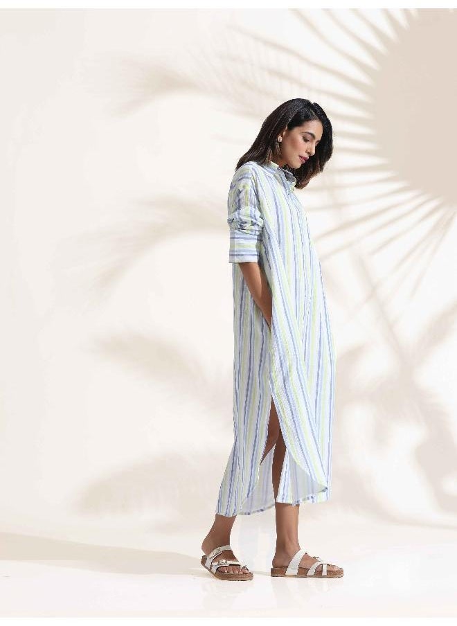 White Cotton Multi Stripe Shirt Dress