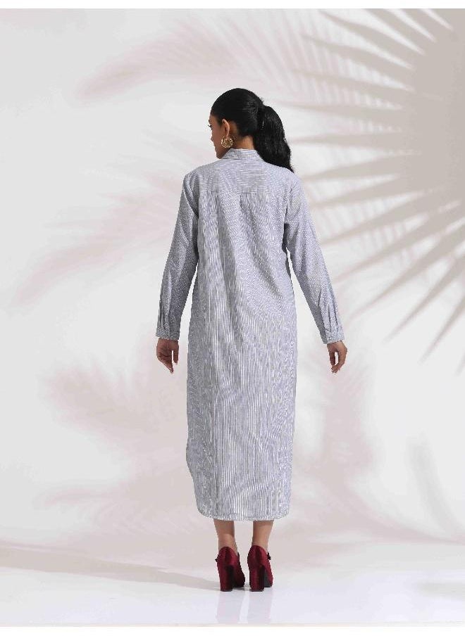 Grey Stripe Cotton Shirt Dress