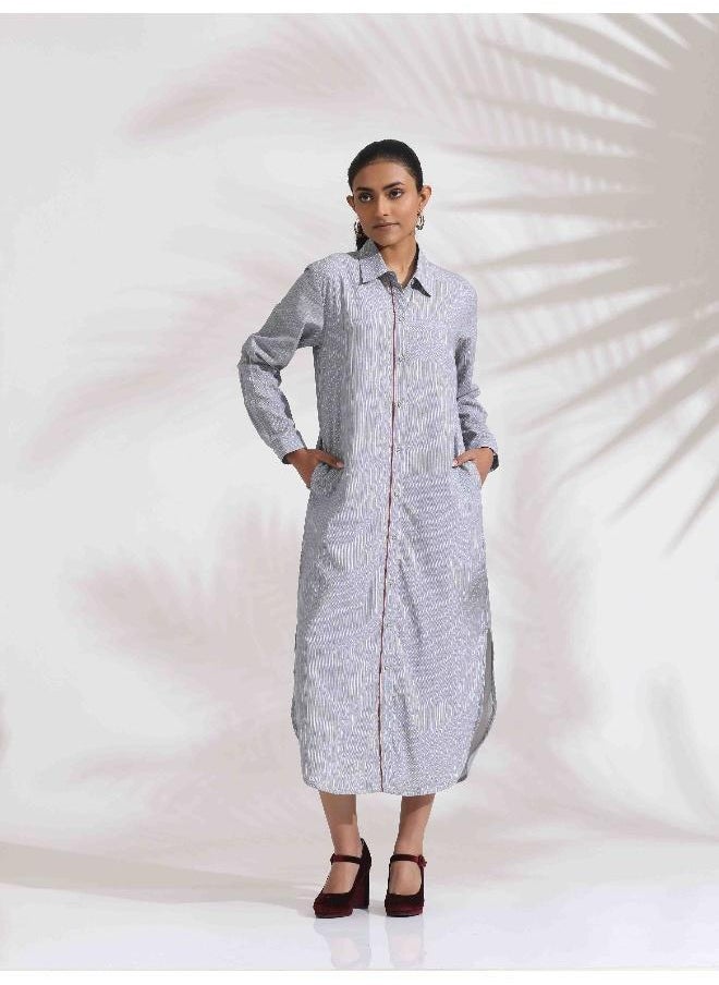 Grey Stripe Cotton Shirt Dress