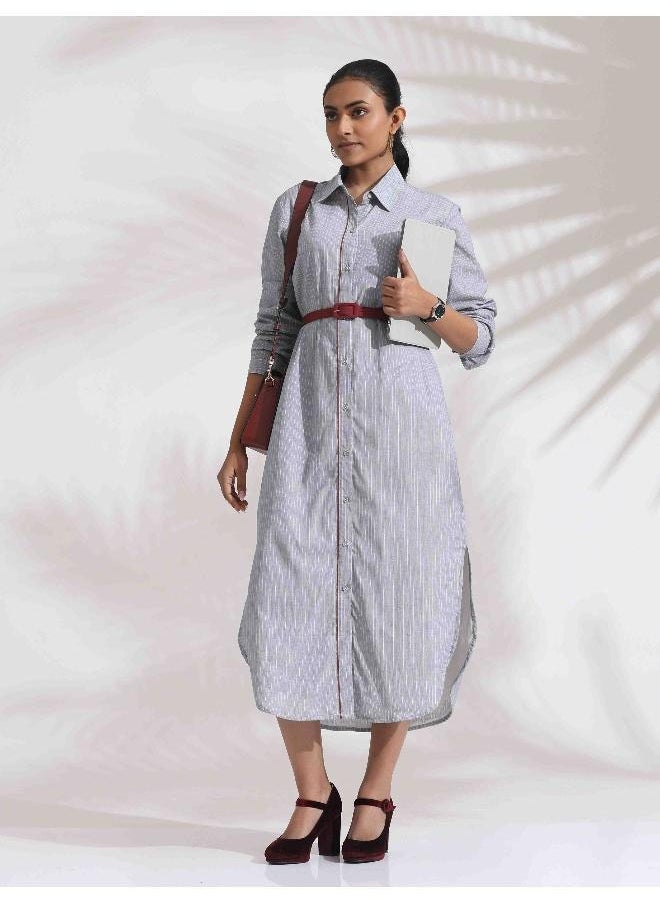 Grey Stripe Cotton Shirt Dress