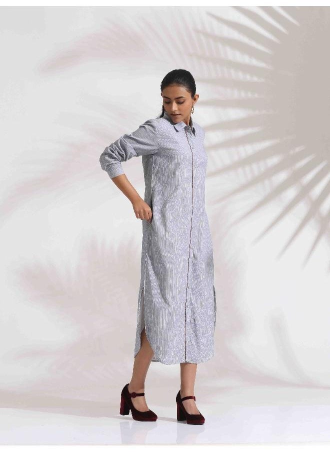 Grey Stripe Cotton Shirt Dress