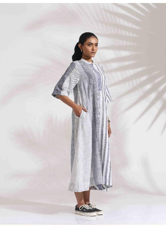 Off-White Cotton Multi Stripe Flared Dress