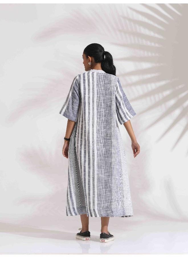 Off-White Cotton Multi Stripe Flared Dress