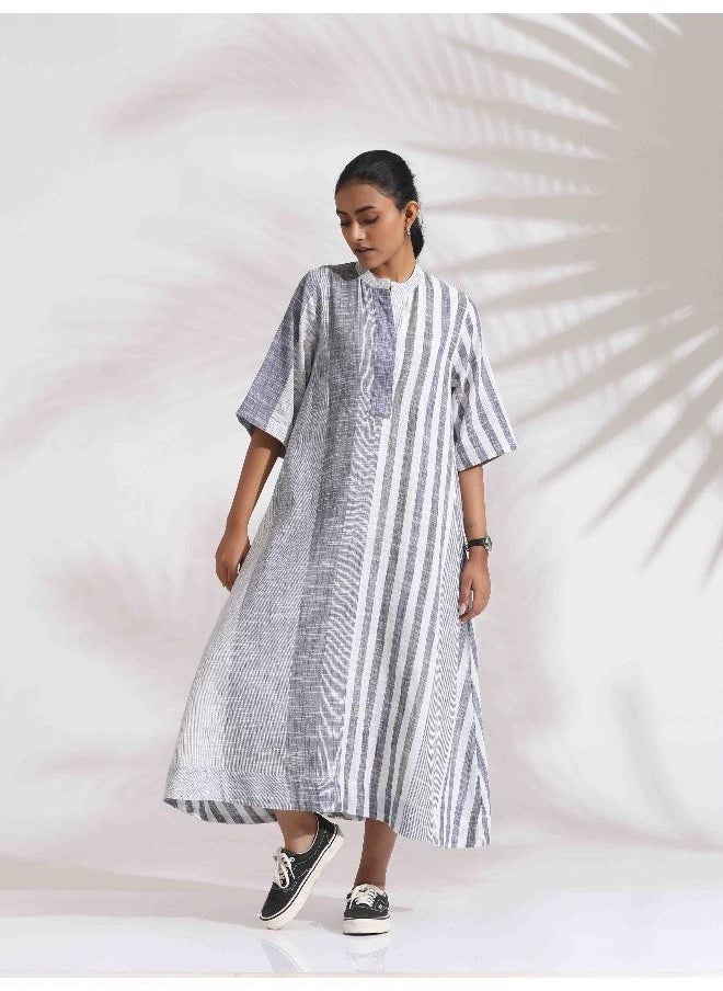 Off-White Cotton Multi Stripe Flared Dress