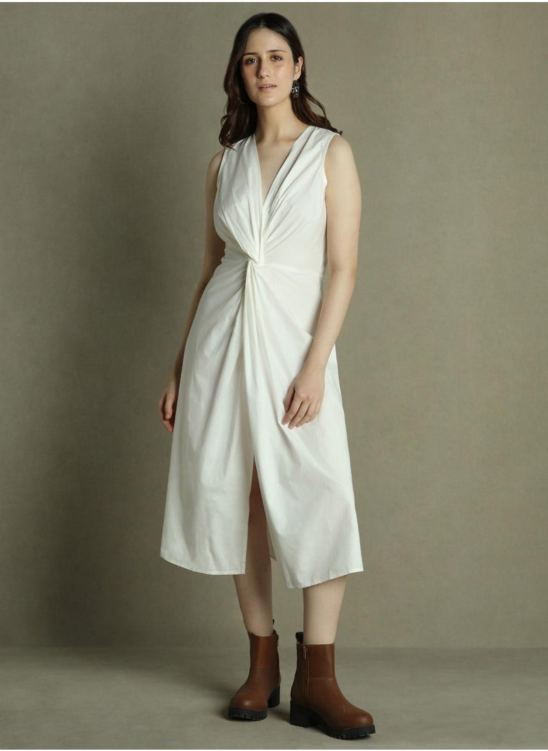 Women's Off White 100% Cotton Solid Slim Fit Dress