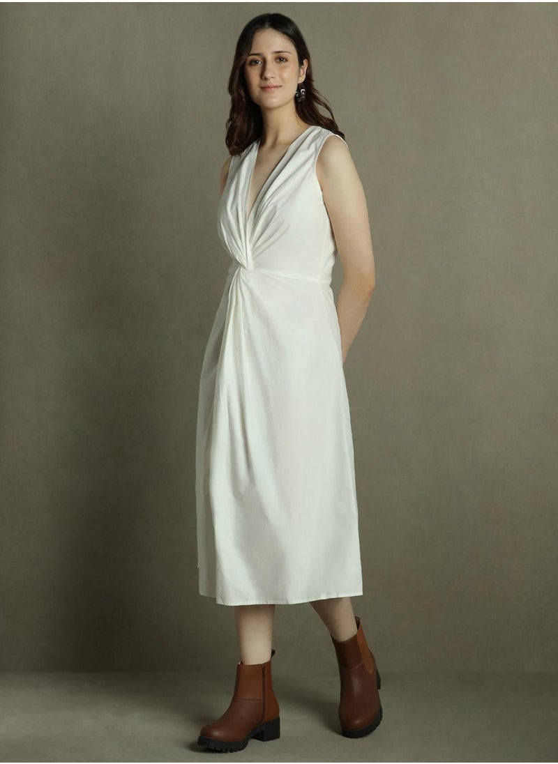 Women's Off White 100% Cotton Solid Slim Fit Dress