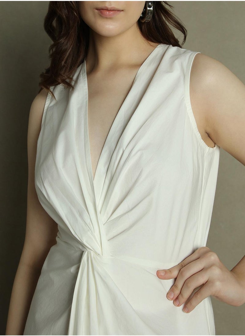 Women's Off White 100% Cotton Solid Slim Fit Dress