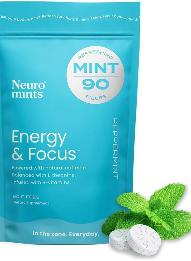 Energy Caffeine Mints (90 Pieces) - Sugar Free with L-theanine + Natural Caffeine + Vitamin B12 & B6 - Nootropic Energy & Focus Supplement for Women & Men - Keto & Vegan, Peppermint Flavor