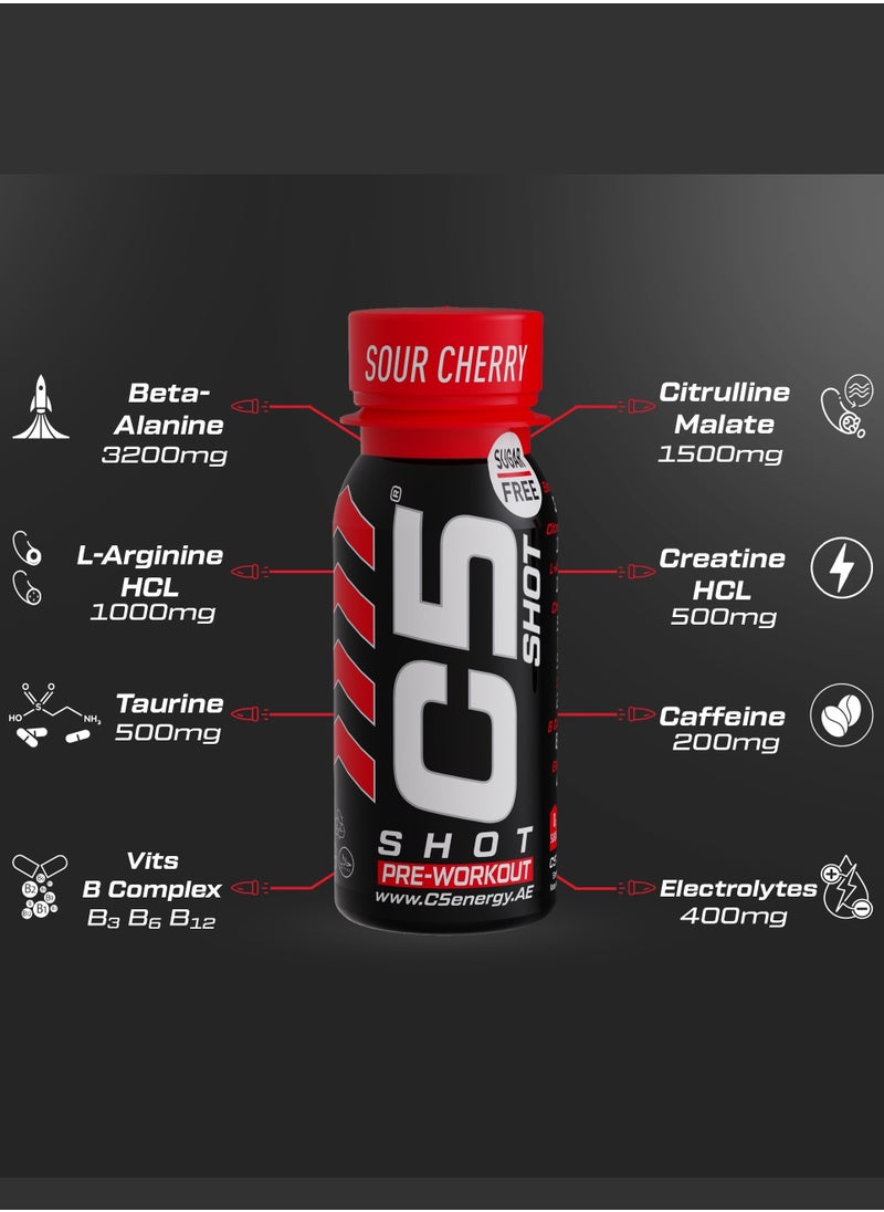 C5 SHOT Pre-Workout Drink | 80ml Liquid Energy Shot | 200mg Caffeine, Beta-Alanine, Creatine, Citrulline | Sugar Free | Zero Calories (Pack of 12, Sour Cherry)