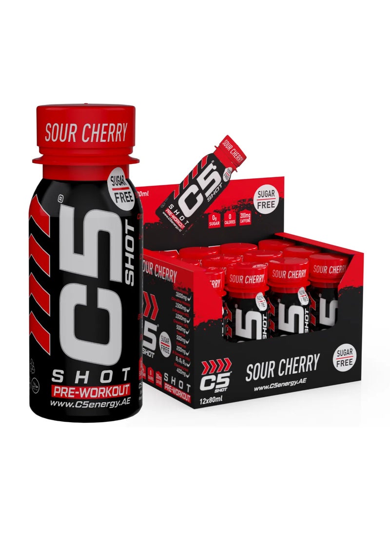 C5 SHOT Pre-Workout Drink | 80ml Liquid Energy Shot | 200mg Caffeine, Beta-Alanine, Creatine, Citrulline | Sugar Free | Zero Calories (Pack of 12, Sour Cherry)