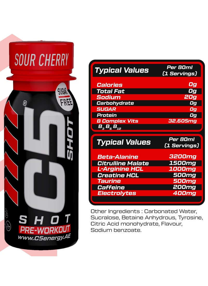 C5 SHOT Pre-Workout Drink | 80ml Liquid Energy Shot | 200mg Caffeine, Beta-Alanine, Creatine, Citrulline | Sugar Free | Zero Calories (Pack of 12, Sour Cherry)
