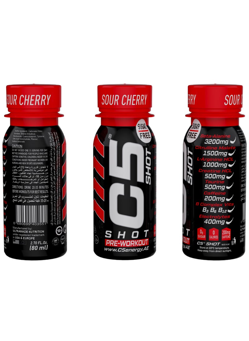 C5 SHOT Pre-Workout Drink | 80ml Liquid Energy Shot | 200mg Caffeine, Beta-Alanine, Creatine, Citrulline | Sugar Free | Zero Calories (Pack of 12, Sour Cherry)