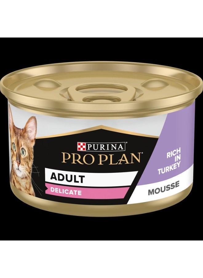 PRO PLAN ADULT DELICATE DIGESTION, WET CAT FOOD, MOUSSE RICH IN TURKEY, 24 X 85G