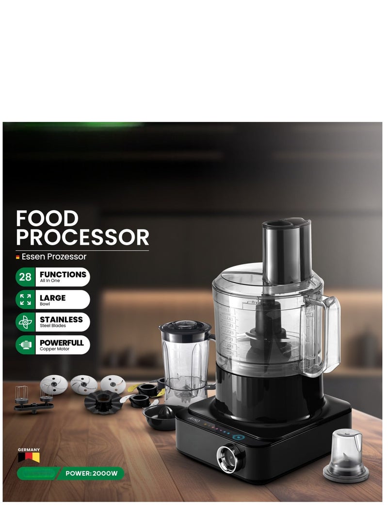 2000W Food Processor with German Technology – Large  Bowl, Stainless Steel Blades, Powerful Copper Motor – for Chopping, Grinding, Slicing & Dough Kneading – Easy Clean, BPA-Free