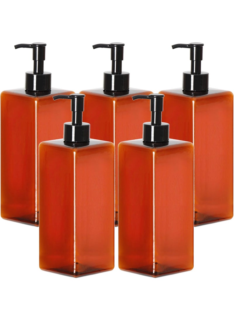 Youngever 5 Pack 16 Ounce Plastic Pump Bottles, Refillable Square Plastic Pump Bottles for Dispensing Lotions, Shampoos and More (Amber)
