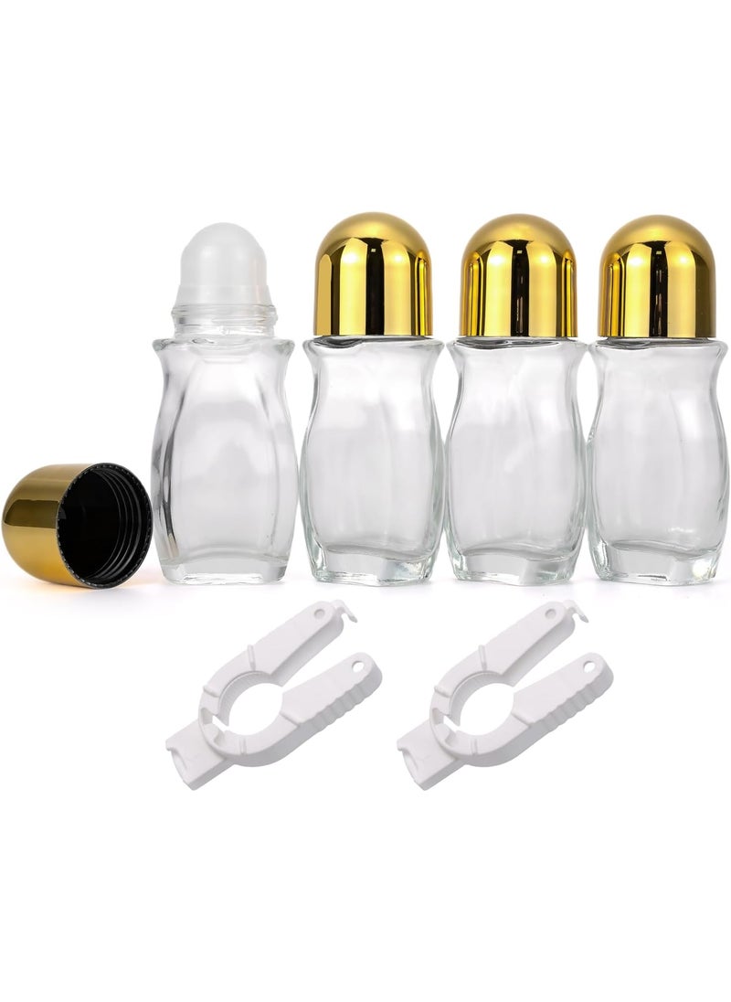 4 Pack 50mL Glass Deodorant Roller Bottles & 2 White Openers, Empty Roll On Bottles Roller Ball Container for Travel Perfume Aromatherapy Essential Oils, Clear with Golden Caps