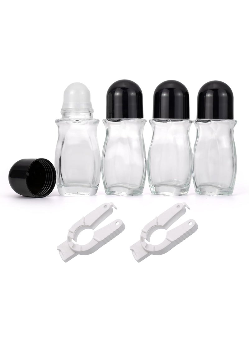 4 Pack 50mL Glass Deodorant Roller Bottles & 2 White Openers, Empty Roll On Bottles Roller Ball Container for Travel Perfume Aromatherapy Essential Oils, Clear with Black Caps