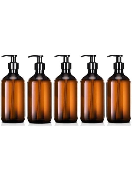 16 oz Amber Boston Plastic Bottles with Pump Cap BPA Free - Shampoo, Lotion, Liquid Soap, Air Fresheners, Hand Cleaner, Massage Oils (5 pack)