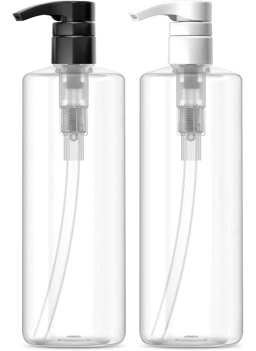 Bar5F Plastic Lotion Bottles with Black & White Pumps, 16 oz | Leak Proof, Empty Clear Cylinder, Refillable, BPA Free for Shampoo, Moisturizer, Face Cream, Liquid Hand Soap | Pack of 2