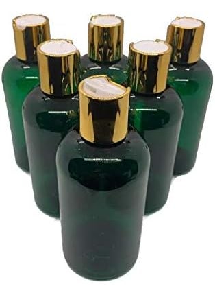 Empty Green Boston Plastic Bottles -6 pack- Squeezable - BPA Free -with golden lid - Shampoo, Lotion, Antibacterial Liquid (8oz)