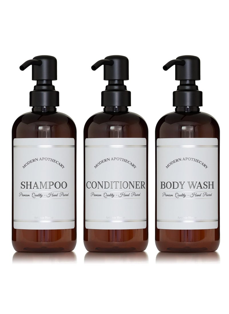 Amber Refillable Shampoo and Conditioner Bottles - Body Wash, Shampoo and Conditioner Dispenser - PET Plastic Shampoo Bottles Refillable with Pump - Waterproof Labels - 16 oz, 3 Pack (Black Satin)