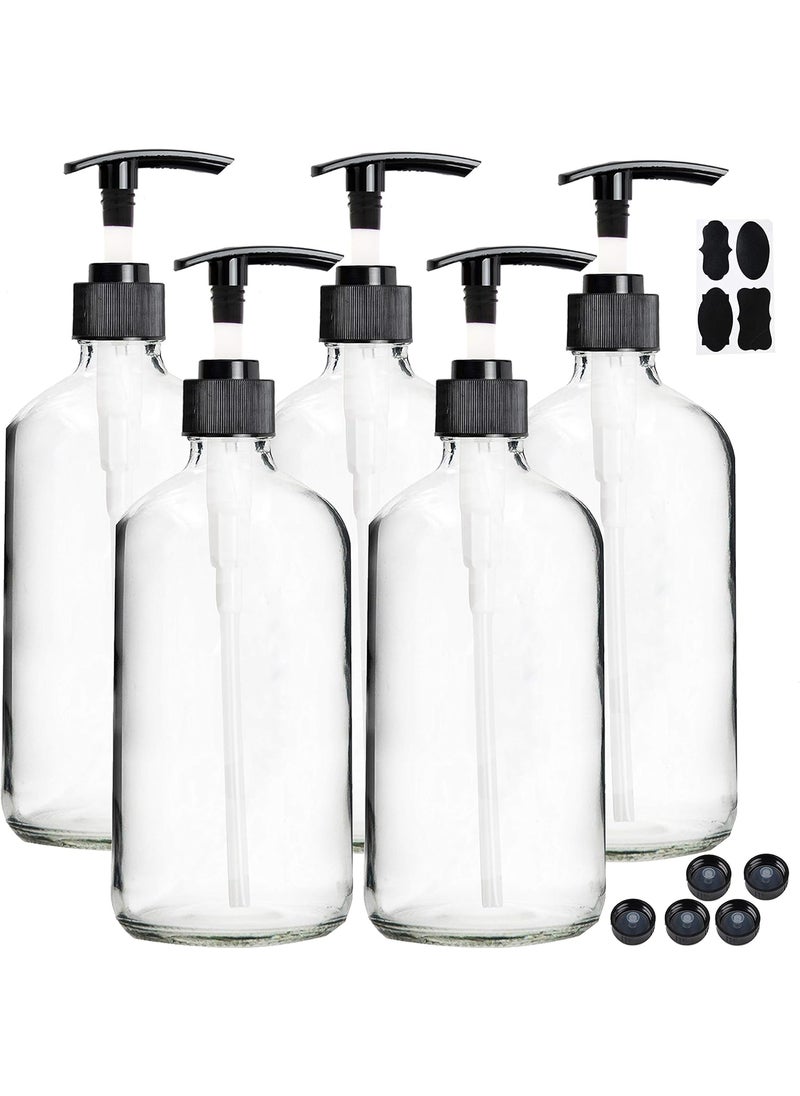 Youngever 5 Pack Empty Clear Glass Pump Bottles, 8 Ounce Lotion Pump Bottles, Soap Dispenser, Refillable Containers, Durable Black Pumps