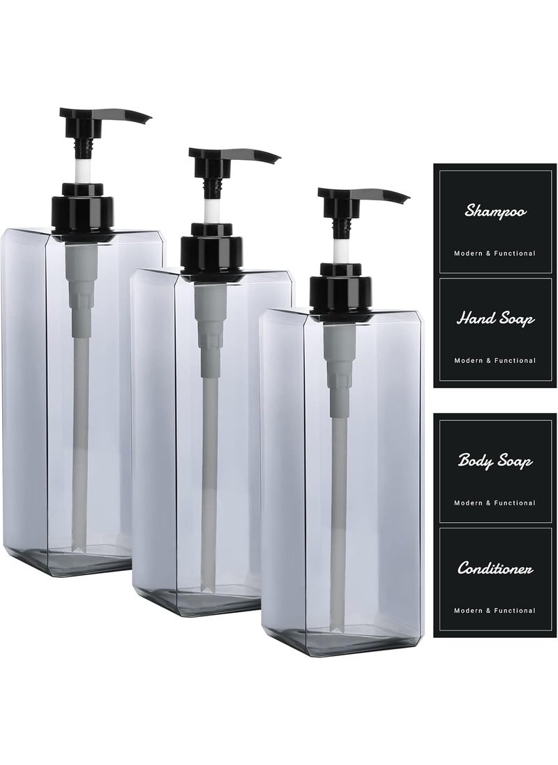 Suream 33.8oz Refillable Shampoo Bottles for Shower, 3Packs 1000ml Large Empty Pump Dispenser with 4PCS Lables for Shampoo, Body Soap, Hand Soap, Conditioner, for Bathroom, Kitchen, Hotel, Salon, SPA
