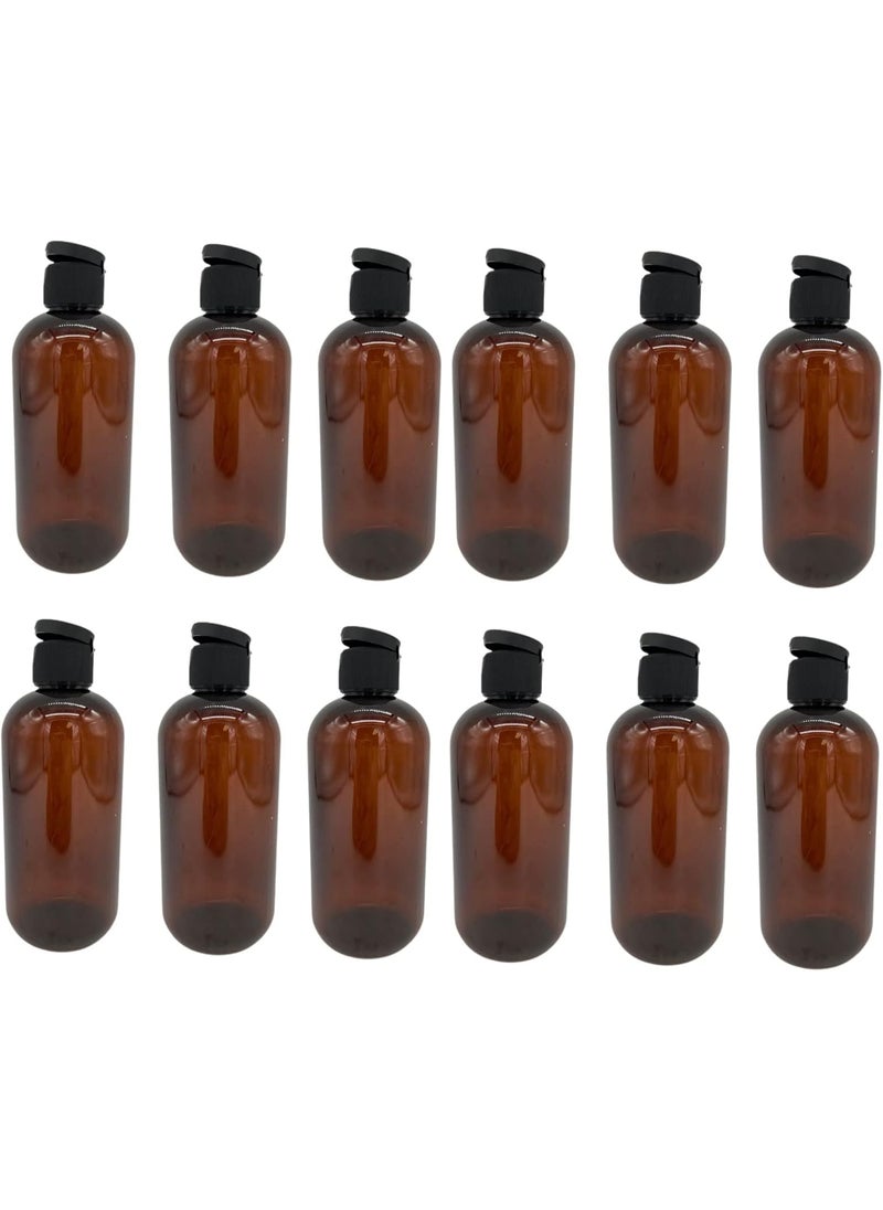 Natural Farms 8 oz Amber Boston Plastic Bottles -12 Pack Empty Bottle Refillable - BPA Free - Essential Oils - Aromatherapy | Black Flip Top Snap Cap - Made in the USA