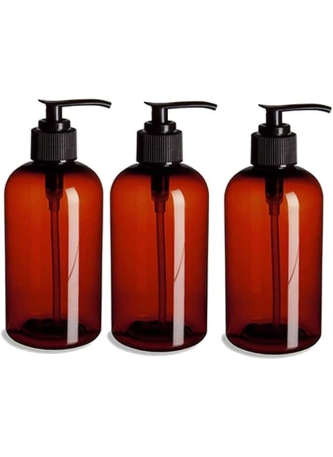 Empty Shampoo Bottles - 8 oz - 3 Pack - Pump Bottles Dispenser for Soap Cream Lotion Gel -Amber PET Boston Round with Black Pump- by Natural Farms