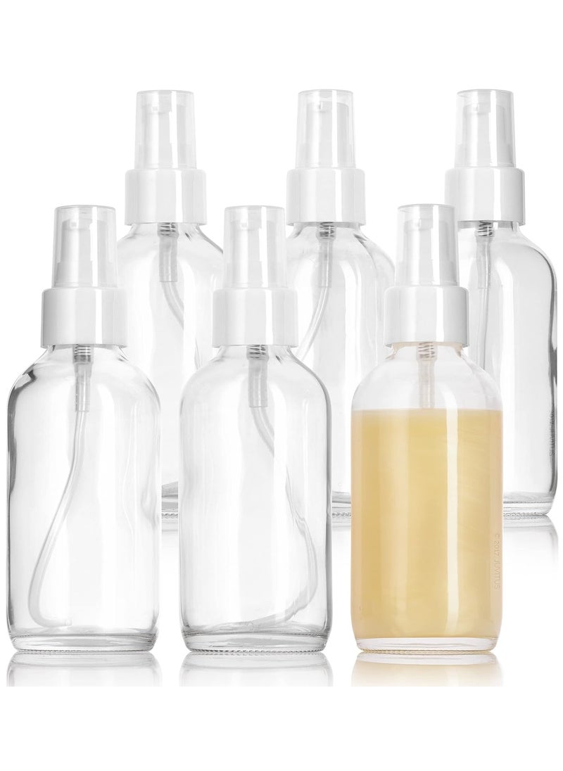 JUVITUS 4 oz / 120 ml Clear Glass Boston Round Bottle with White Treatment Pump BPA Free Refillable Empty Storage Containers (6 Pack)