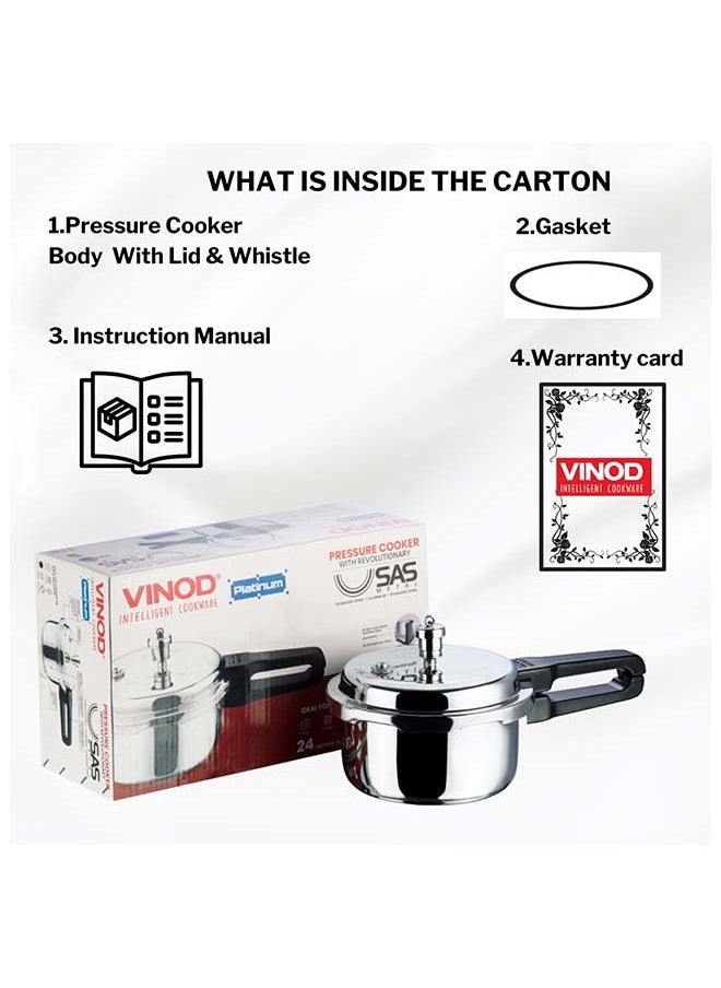 2Liters Vinod Platinum Triply Stainless Steel Outer Lid Pressure Cooker - 2 Liter, Induction Friendly, ISI Certified, Small Pressure Cooker for Quick Meals, Silver Silver