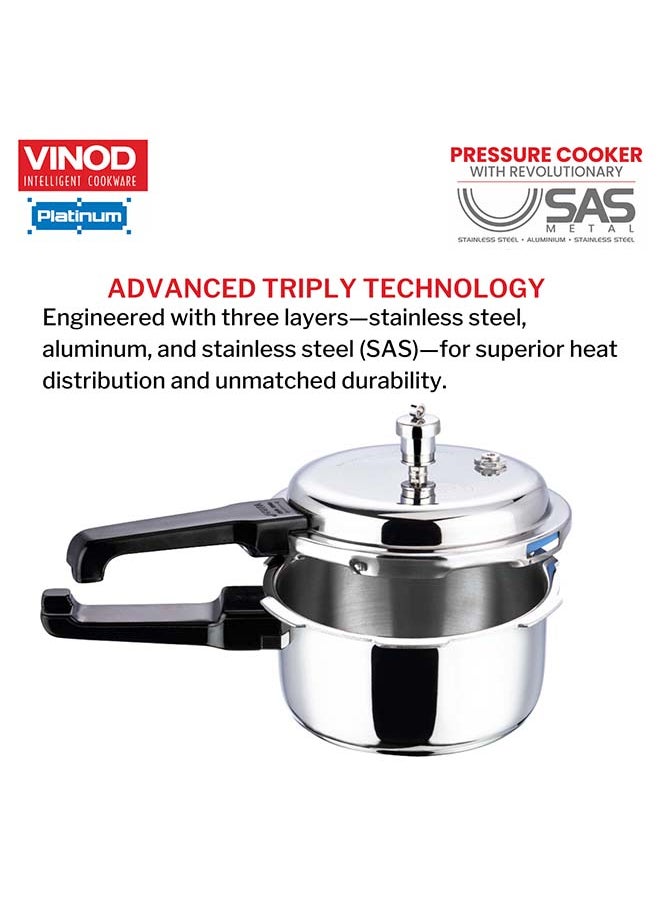 2Liters Vinod Platinum Triply Stainless Steel Outer Lid Pressure Cooker - 2 Liter, Induction Friendly, ISI Certified, Small Pressure Cooker for Quick Meals, Silver Silver