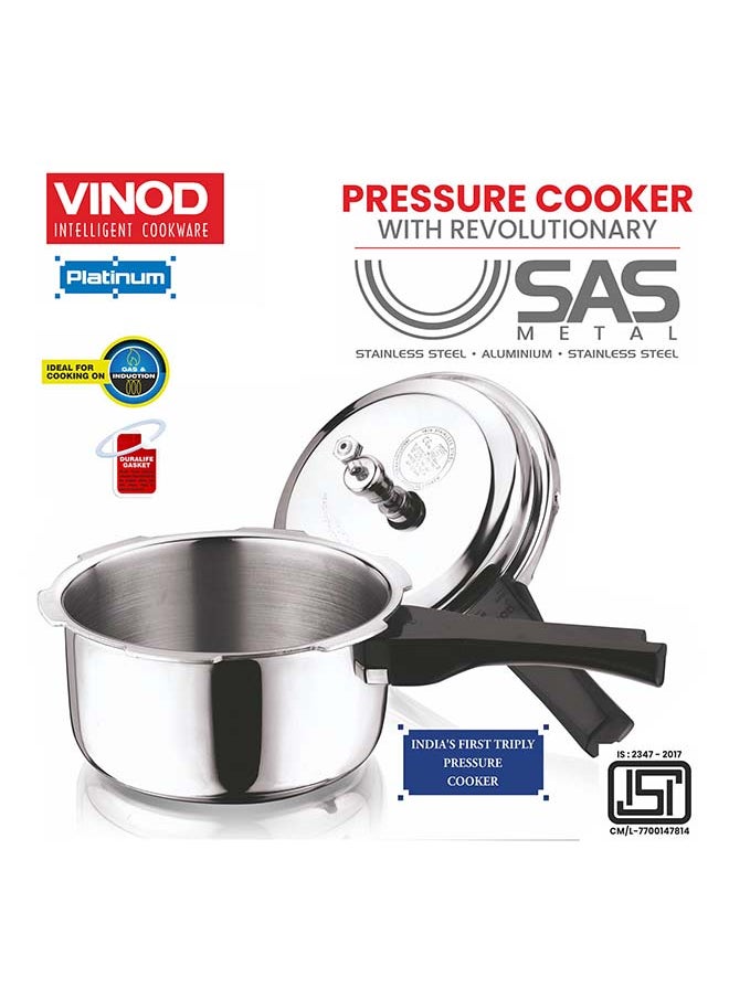 2Liters Vinod Platinum Triply Stainless Steel Outer Lid Pressure Cooker - 2 Liter, Induction Friendly, ISI Certified, Small Pressure Cooker for Quick Meals, Silver Silver