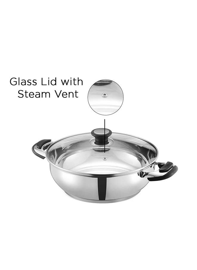 Vinod Durban Stainless Steel Kadhai with Glass Lid 3.7 Litre (26 cm) | 6.2mm Thick | Kadhai for Deep Frying | Induction and Gas Base| 2 Year Warranty - Silver