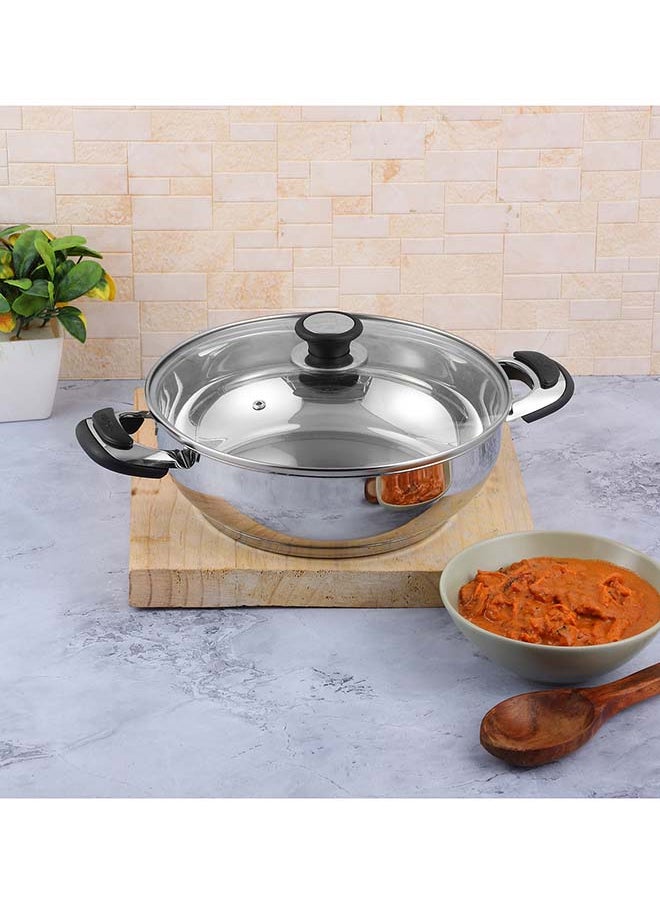 Vinod Durban Stainless Steel Kadhai with Glass Lid 3.7 Litre (26 cm) | 6.2mm Thick | Kadhai for Deep Frying | Induction and Gas Base| 2 Year Warranty - Silver