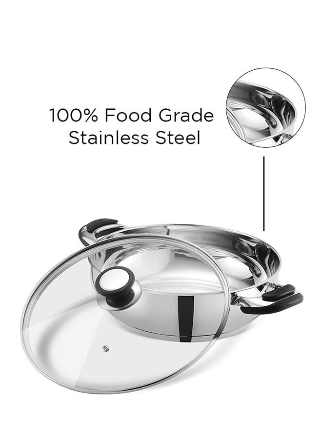 Vinod Durban Stainless Steel Kadhai with Glass Lid 3.7 Litre (26 cm) | 6.2mm Thick | Kadhai for Deep Frying | Induction and Gas Base| 2 Year Warranty - Silver